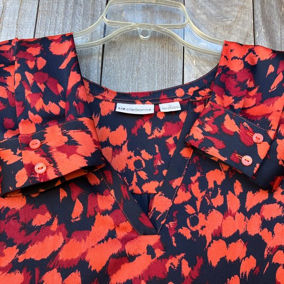 Liz Claiborne Long Sleeve V Neck Pullover Blouse | Orange/Navy/Red | SIZE: L | - Picture 3 of 5